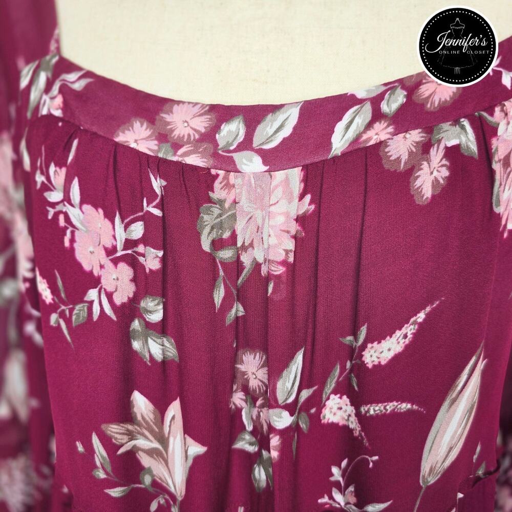 Anthropologie Evelin Maroon/Wine Floral Long Sleeve Chiffon Maxi Dress Size XL - Picture 4 of 16